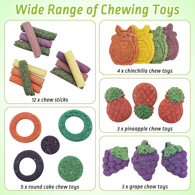 Fhiny 27 PCS Natural Bunny Chew Toys Molar Rabbit Toys Contain Timothy Grass Pumpkin Beets Purple Potatoes Carrot Hamster Treats for Chinchillas Guinea Pigs Mice Gerbils Teeth Grinding-PawvioPets