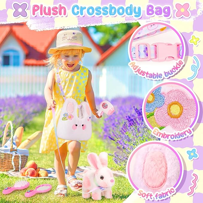 Easter Bunny Toys for Kids with Crossbody Bags, Easter Basket Stuffers Interactive Hopping Wiggle Ears Rabbit Toy, Pretend Play Robot Pet Care Cute Stuff for Girls Trip Plushies Birthday Gifts-PawvioPets