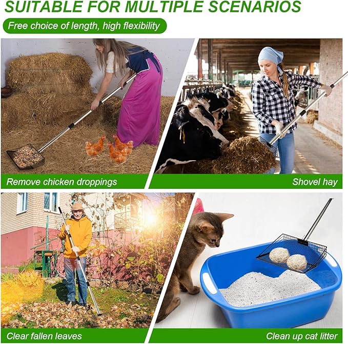 10inch Large Metal Chicken Poop Scooper, 36" to 75" Long Chicken Coop Litter Scoop with Stainless Steel Adjustable Handle, 4 in 1 Detachable Litter Sifting Shovel Scoop for Chicken Coop Accessories-PawvioPets