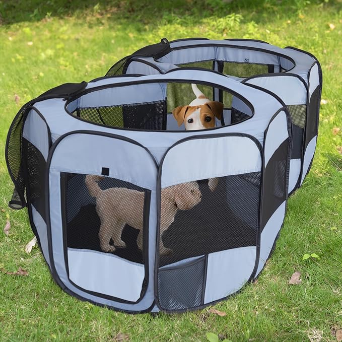 2-in-1 Dog Playpen, Pop Up Cat Puppy Pet Playpen, Indoor Outdoor Cats Enclosed, Cat Tent Crate Cage Kennel, Portable Playpen for Kitten and Small Animals(No Divider, Unified Space)-PawvioPets