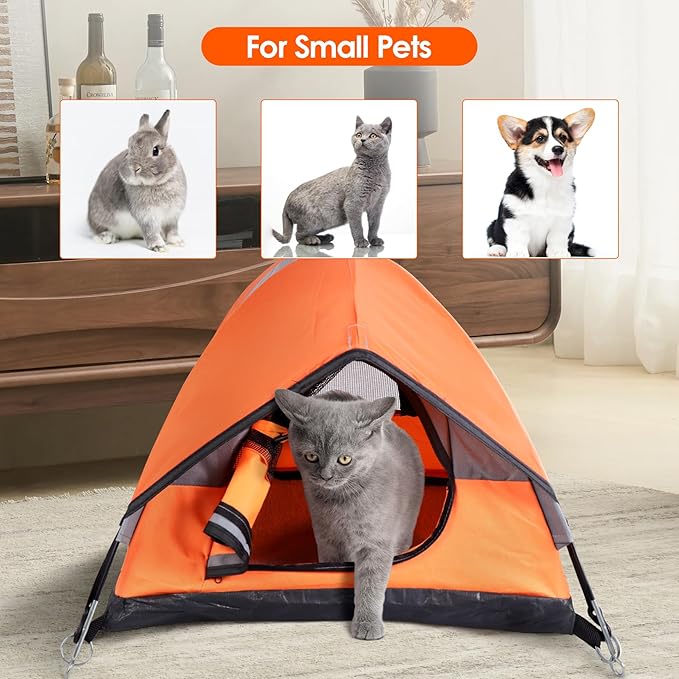 Cat Camping Tent, Cat Tent Bed, Pet Tent for Indoor Cat and Small Dog, Mini Tent (Orange, 21 x 21 x 14 Inches)-PawvioPets