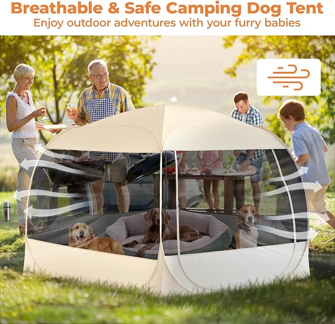 EighteenTek XXLarge Popup Portable Dog Houses, 10'x4.8'H Assembly-Free Gazebo-Style Dog Cot Cat Playpen Screen Pet Tent Sun Shade Shelter Dog Bed with Canopy for Outdoor Anti-Bugs with Leakproof Floor-PawvioPets
