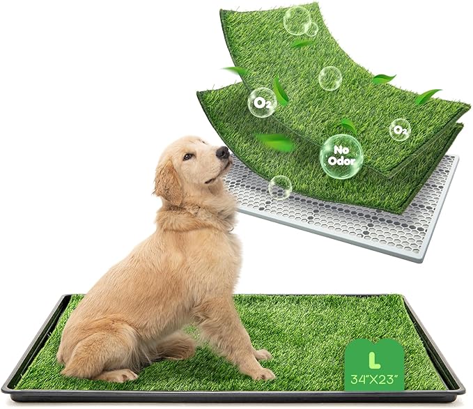 Dog Grass Pad with Tray, 34×23in Large Litter Box, 2×Grass Pad for Dogs Potty Washable, Thick Soft Odor-Free Hemmed Dog Pee Grass, Indoor Potty Training Balcony-PawvioPets
