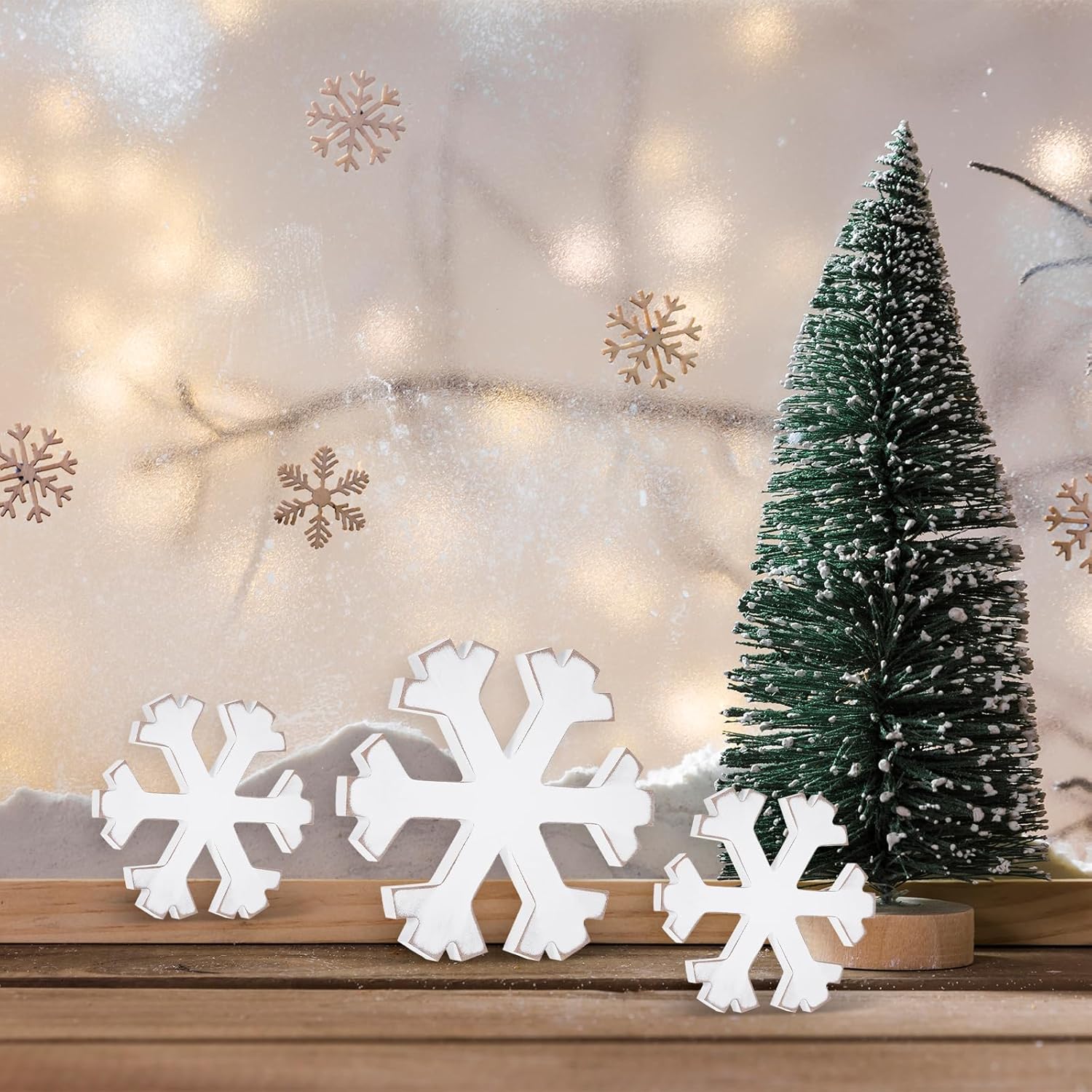 6Pcs Snowflake Decorations Christmas Decor White Winter Wooden Snowflakes Standing Christmas Tiered Tray Decor Table Signs Winter Wonderland Decorations for Indoor Home Xmas Shelf Fireplace Mantel