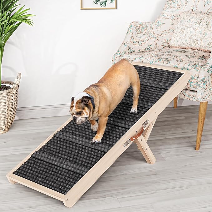 Dog Ramp for Couch, Wooden Pet Ramps 39.37" Long Adjustable 11"-20.47" Folding Puppy Ramps with High Traction Mat, Dog Stairs for Small & Medium Older Dogs & Cats, up to 150lbs-PawvioPets