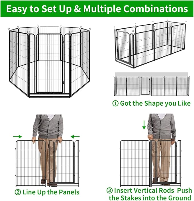 Dog Playpen Outdoor Extra Wide 8 Panels Heavy Duty Dog Fence 47" Height Anti-Rust with Doors Portable for RV Camping Yard, Total 21FT, 35 Sq.ft, Snowy Black-PawvioPets