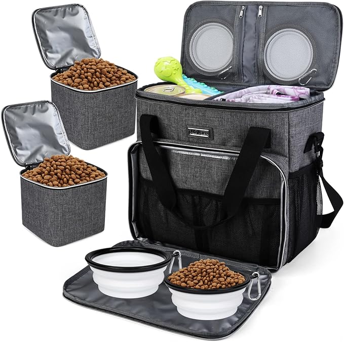 BAGLHER Dog Travel Bag, Pet Travel Bag (ALL Pet Travel Supplies), With 2 Pet Food Containers and 2 Collapsible Silicone Bowls; Essential Kits for Pet Travel Grey-PawvioPets