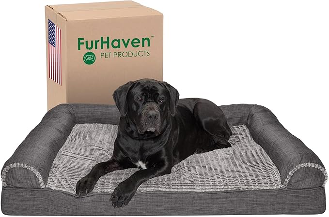 Furhaven Cooling Gel Dog Bed for Large Dogs w/ Removable Bolsters & Washable Cover, For Dogs Up to 125 lbs - Luxe Faux Fur & Performance Linen Sofa - Charcoal, Jumbo Plus/XXL-PawvioPets