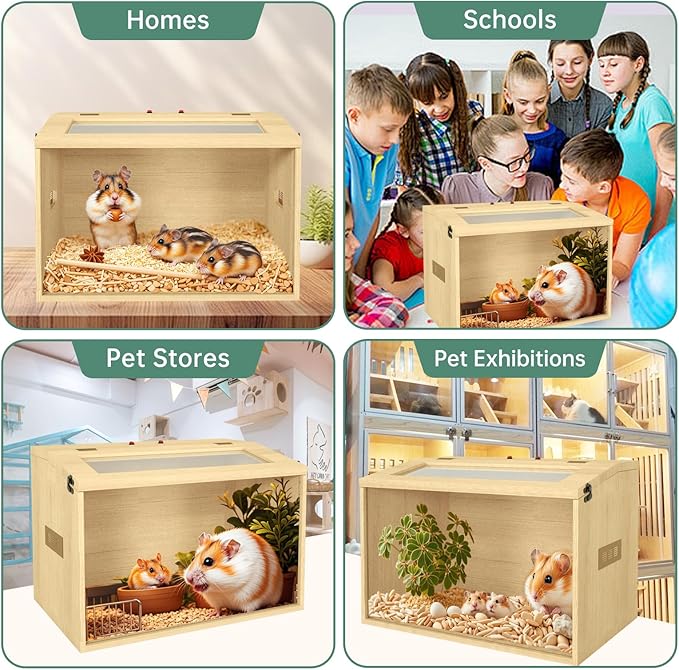 24" Hamster Cage, Top Opening Lockable Roof Door Gerbil Cage, Dwarf Hamster Cage with Hygrometer, Mice and Small Animal Habitat, Chewproof Syrian Hamster Enclosure, (Wooden, 24" L x 16" W x 16" H)-PawvioPets