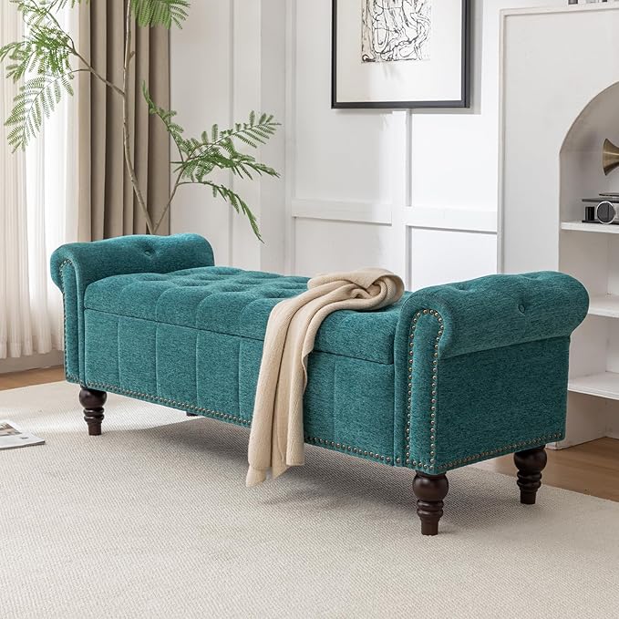 58’’ Storage Bench for Bedroom, Upholstered Button-Tufted Ottoman with Solid Wood Legs, Queen Size End of Bed Shoe Cabinet, Window Seat Foot Rest Stool for Entryway, Living Room (Teal)-PawvioPets