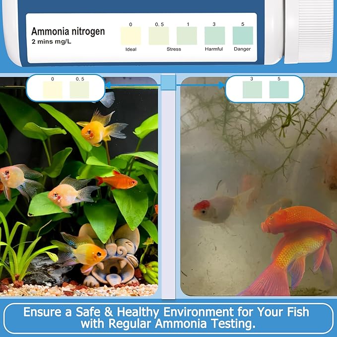 Ammonia Test Strips for Fish Tank: 100 Count Aquarium Ammonia Test Strips for Saltwater & Freshwater Aquariums & Ponds – Ammonia Test Kit with Test Tube Thermometer Stick-PawvioPets