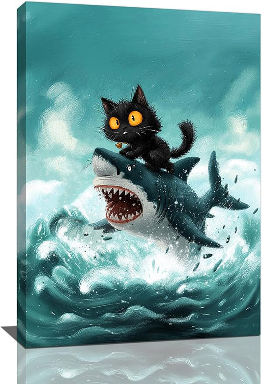 Funny Black Cat Bathroom Wall Art Cute Cat Riding Shark Canvas Wall Decor Animal Kitten Pictures Painting Print Artwork Framed Decorations Gifts for Cat Lover Kids Room Bedroom 16"x24"-PawvioPets
