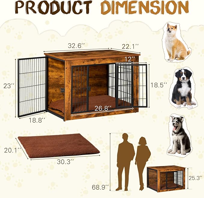 Bigrab Dog Crate Furniture with Thick Cushion, Side End Table Wooden Dog Cage with Double Doors, Chew-Resistant Dog Kennel Dog House Indoor for Small to Large Dog, M-PawvioPets