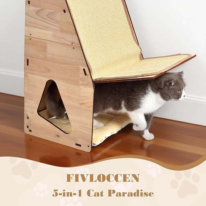 24in Multi-Functional Cat Furniture: Sisal Scratching Posts & Sturdy 3D Wood Frame for Indoor Cats, Integrated Cat Condo Hideout Tunnel All-in-One Space Saver for Multi-Cat & Budget-Friendly-PawvioPets