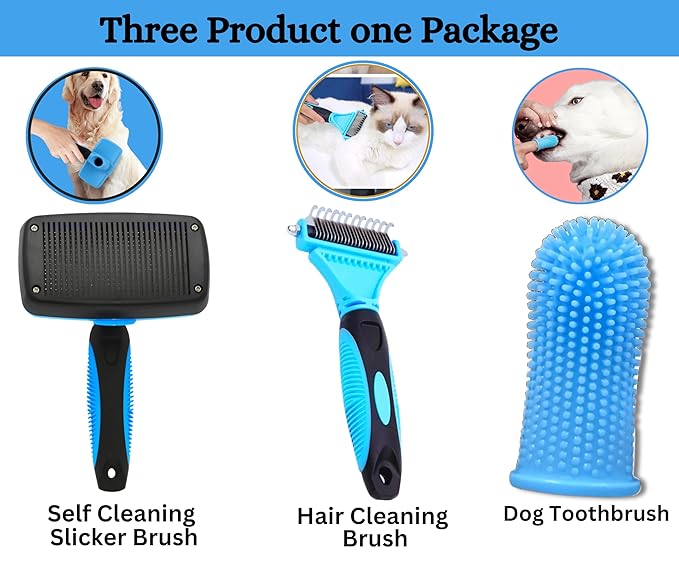 3-in 1 Dog & Cat Grooming Supplies- Self-cleaning Slicker Brush, Deshedding Rake Comb, And Finger Toothbrush For Dogs & Cats | Perfect For Pet Grooming Kit, Dematting And Dental Tool (blue)-PawvioPets