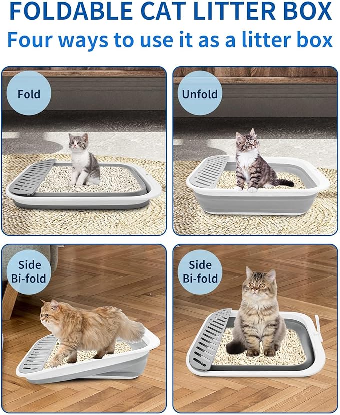 BNOSDM Collapsible Small Cat Litter Box for Kittens Open Potty Pan Foldable Cat Toilet with Scoop Senior Kitty Travel Shallow Litters Boxes Anti-Splash Waterproof Grey 17.7"×13.4"-PawvioPets