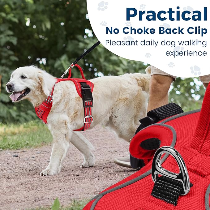 Funfox Dog Harness No Pull, Adjustable Pet Vest Harness, Super Soft Material with Vertical Handle Easy Control, Reflective Night Walking, 2 Leash Clips for XLarge Dogs, Red, XL-PawvioPets