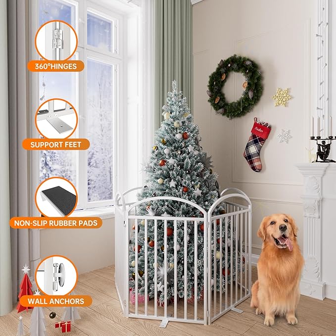 6 Panles Full Matel Freestanding Dog Gates with Door, 144"Extra Wide 32"Tall Free Standing Dog Pet Gate for Indoor & Outdoor. Foldable Pet Fences for Doorways, House, Stairs, Porch, Deck, Yard-PawvioPets