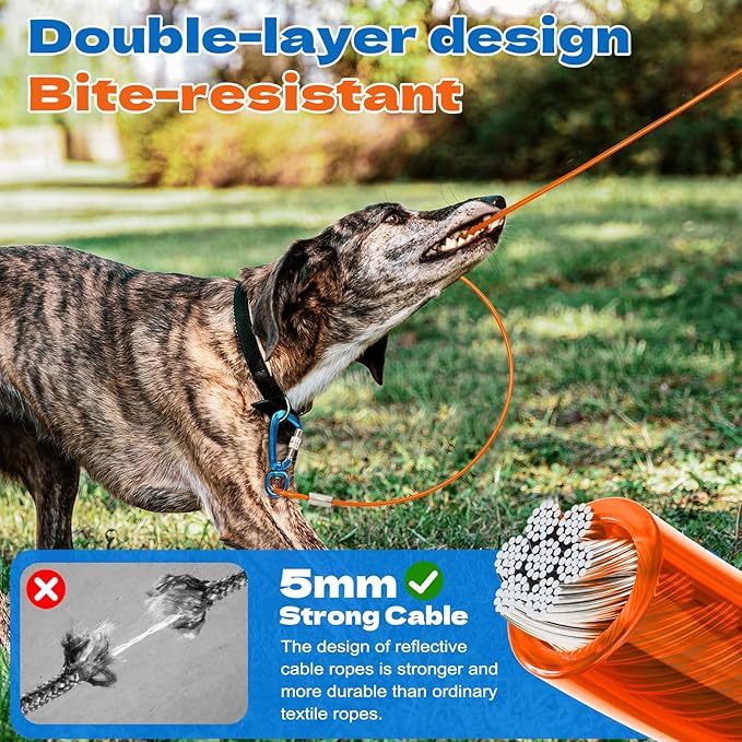 100ft Dog Runner for Yard Large Dog Heavy Duty with Double Shock Absorbers Tangle-Free Aerial Trolley System for Large Dogs Up to 250lbs (Orange)-PawvioPets