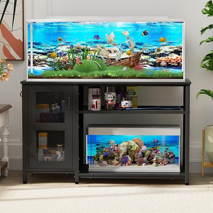 55-75 Gallon Fish Tank Stand , Aquarium Stand with Cabinet & Power Outlets for Fish Tank Accessories Storage, Heavy Duty Metal Terrarium Stand, 52" L*19" W Tabletop, 1200LBS Capacity, Black-PawvioPets