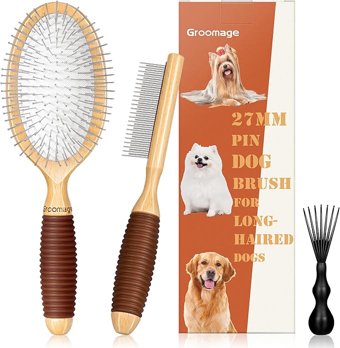Dog Brush for Long Haired Dogs, 27mm Extra Long Metal Pin Dog Deshedding Brush and Comb Set, Short Haired Shedding Grooming Detail Pets Brush Set with Rubber Handle-PawvioPets