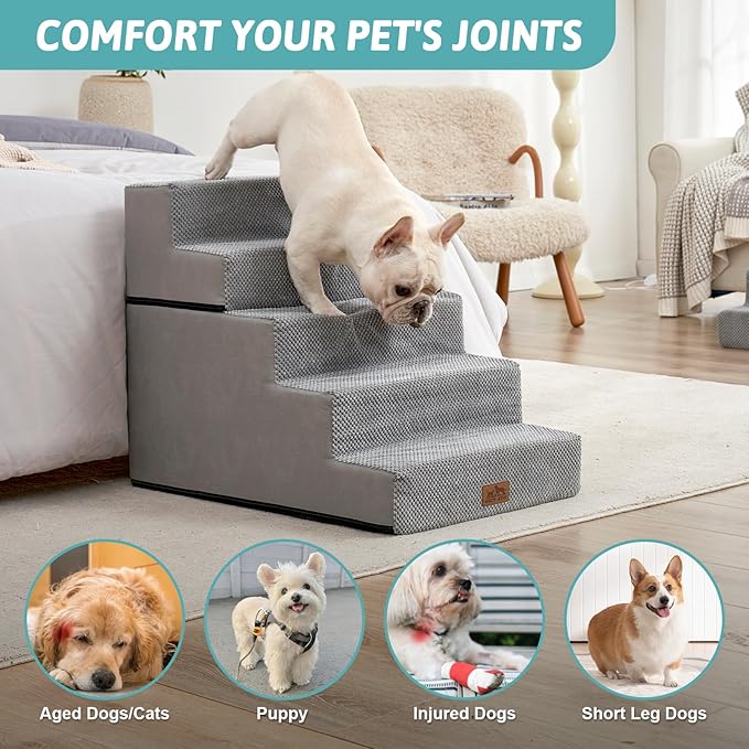 Dog Stairs for Small Dogs, 5 Tier Removable Wider Pet Stairs for Couch and Bed, 23.6" H Non-Slip Dog Steps for Puppies and Old Cats with Support Board, 29.5x19.7x23.6 inch, Grey-PawvioPets