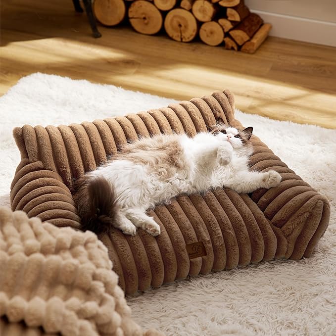 Bedsure Cute Cat Couch for Pets - Fluffy Small Dog Sofa with Premium Soft Corduroy Fleece, Pet Sofa with Removable Washable Cover, Supportive Dog Couch Bed for Small Medium Dogs, 30inch, Copper Brown-PawvioPets