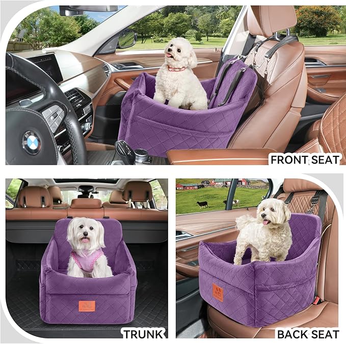 Dog Car Seat for Small/Medium Dogs, Dog Booster Car Seats with Thick Cushion for Dogs Under 35lbs, Detachable Washable Pet Carseat with Storage Pockets, 2 Safety Belts(Purple)-PawvioPets
