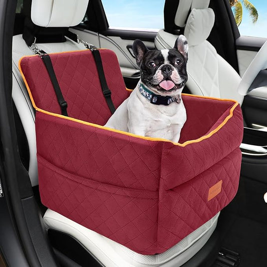 Dog Car Seat for Small Medium Dogs, Memory Foam Puppy Dog Booster Seat with Thick Cushion for Dogs Under 35lbs, Detachable Washable Pet Car Seat Travel Bed with Storage Pockets,2 Safety Belts-PawvioPets