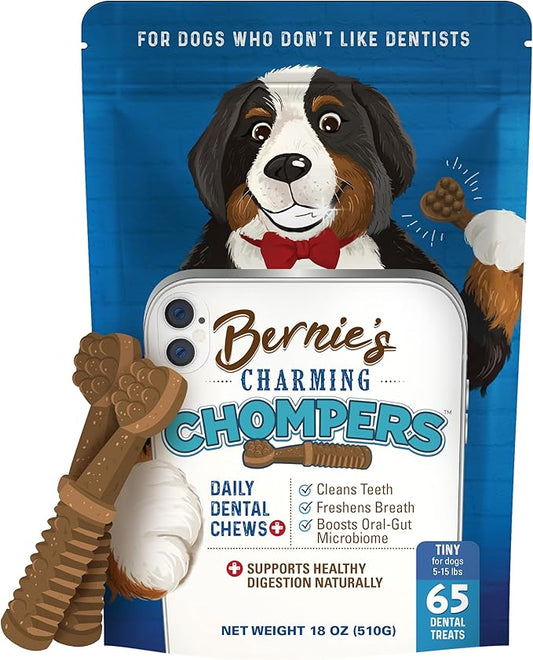 Bernie's Charming Chompers - Daily Dental Chews for Dogs 5-15 Lbs. - 65 Count - Cleans Teeth, Freshens Breath, + Boosts Oral-Gut Microbiome. Easy to Digest, Supports Healthy Digestion Naturally-PawvioPets