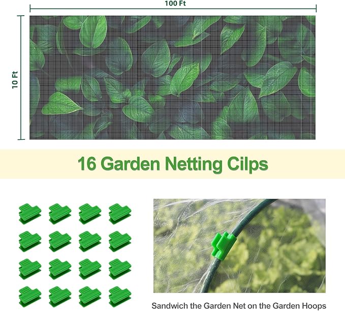 Garden Netting Mesh, 10X100 FT Garden Netting with 16 Cilps & Ultra Fine Mesh Net Bird Barrier Protection for Garden Vegetables Flowers Shrubs Fruit Trees Indoors & Outdoors Plant Beds Greenhouse-PawvioPets