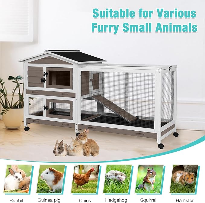 62" Rabbit Hutch with Chew-Proof Ramp & Waterproof Roof - Indoor/Outdoor Bunny Cage, 2-Story Design, 6 Lockable Caster Wheels & Dual Pull-Out Trays (Brown)-PawvioPets