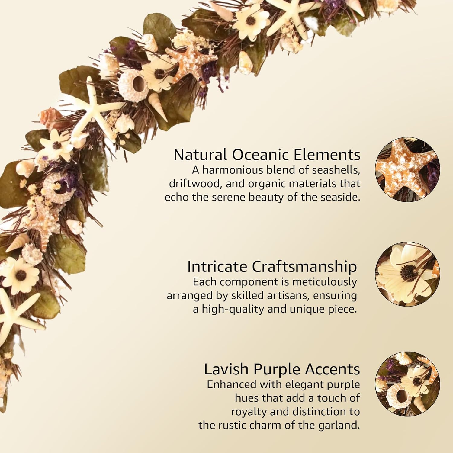 HOLIDAY TREE 5' Coastal Handcrafted Garland - Purple Accents, Natural Shells, Wood Twigs, Resin Starfish - Perfect Summer Garlands for Decoration.