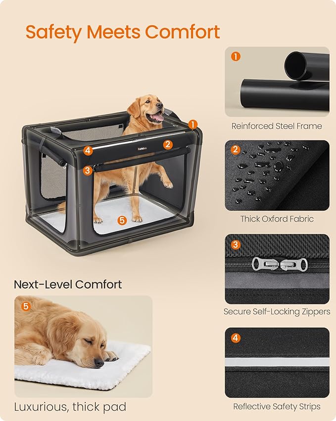 Feandrea Collapsible Dog Crate, 36-Inch Portable Dog Travel Crate for Large Dogs, Oxford Fabric Pet Carrier with 4 Mesh Doors, Handles, Storage Pocket, Water Bottle Holder, Ink Black UPDC019B01-PawvioPets