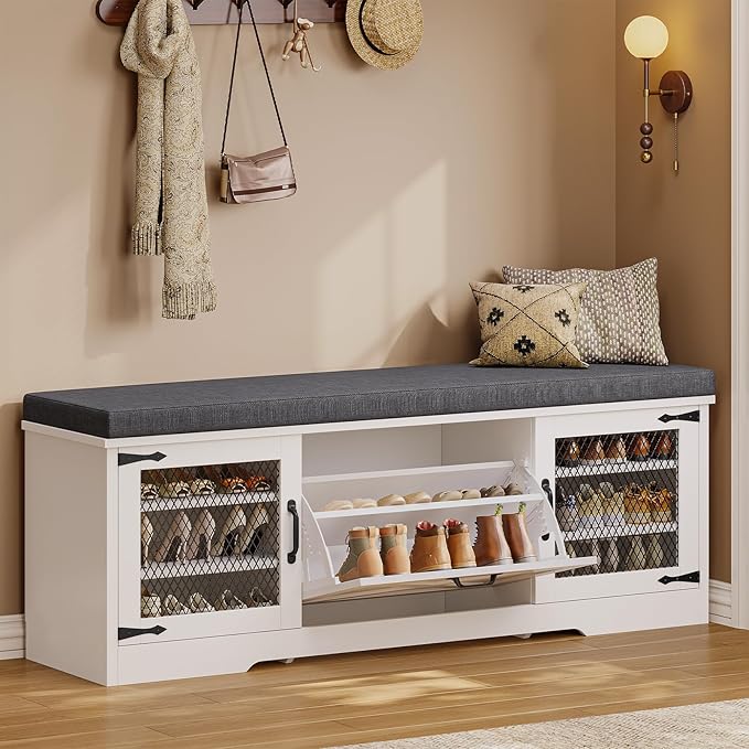 Farmhouse Storage Bench with Flip Drawers & Padded Seat Cushion, Half Hidden Shoe Rack Organizer, Adjustable Shelf Shoe Cabinet for Large Family, Entryway, Bedroom, Living Room (White)-PawvioPets