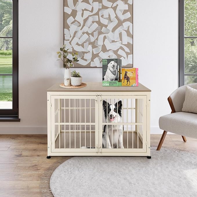 40 Inch Dog Crate Furniture for Large Medium Dogs, Wooden Heavy Duty Dog Kennel with Double Doors, Decorative Pet House Dog Cage Side End Table Indoor, Pet Cage Dog House, Beige-PawvioPets