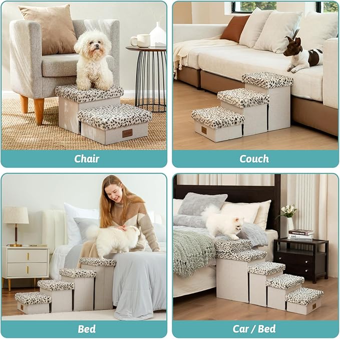 Dog Stair for Small Dogs with Storage, Foldable Pet Stairs for Medium or Puppy Dogs and Older Cats, Dog Steps for Bed or Couch with Soft Cover, 19.7x13x9.6 inch, 2 Tiers, Leopard-PawvioPets