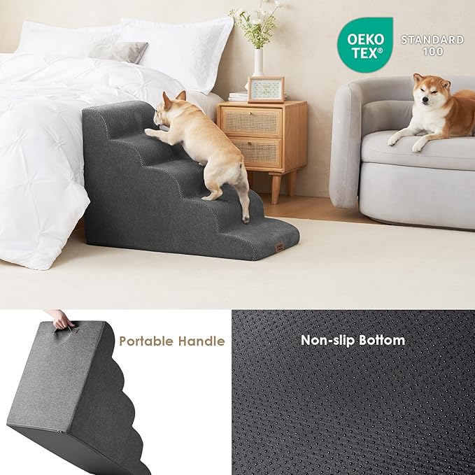 EHEYCIGA Curved Dog Stairs Ramp for High Beds, 5-Step Extra Wide Dog Steps for Small Dogs and Cats, Pet Stairs for High Bed Climbing, Non-Slip Balanced Pet Step Indoor, Grey-PawvioPets