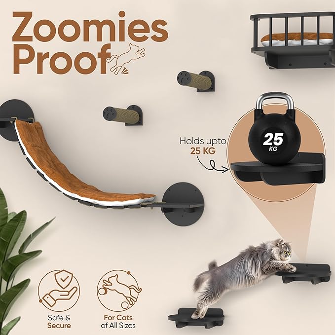 FURRY VIBES Cat Wall Shelves & Perches – 7-in-1 Cat Wall Furniture Set with Bed, Climbing Steps, Scratcher & Bridge Ladder – Black Bamboo Wall Cat Shelf for Indoor Cats-PawvioPets