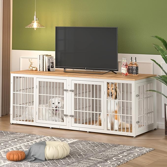 78 Inch Double Dog Crate Furniture, Heavy Duty Extra Large Cage Furniture with Divider for 2 Dogs, Decorative Wooden Kennel Furniture Indoor, Pet House for Large and Medium Dogs, White-PawvioPets