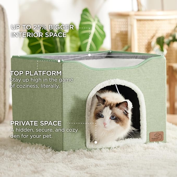 Bedsure Cat Beds for Indoor Cats - Large Cat Cave for Pet Cat House with Fluffy Ball Hanging and Scratch Pad, Foldable Cat Hideaway, 16.5x16.5x13 inches, Green-PawvioPets