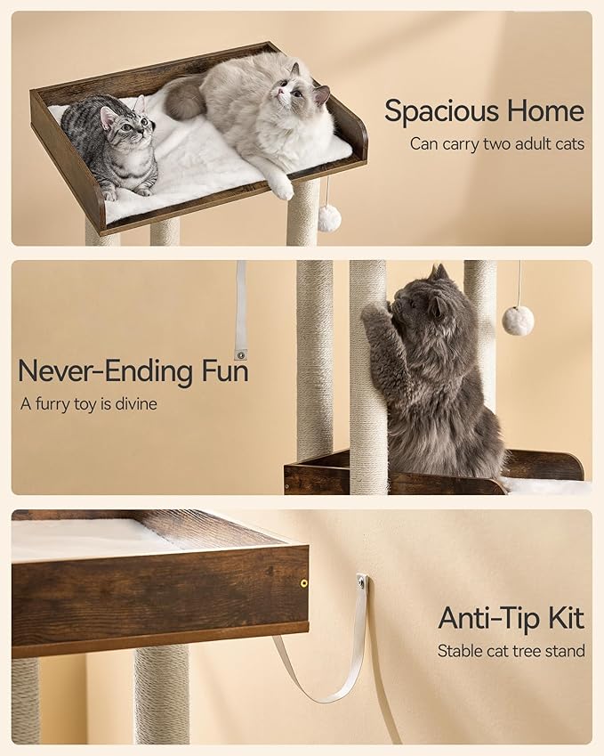 FourFurPets 43.7" Cat Tree, Modern Cat Tree Tower, Cat Tower for Indoor Cats Large Adult, Cat Condo with Scratching Post, Large Perch and Removable Pads,Rustic Brown-PawvioPets