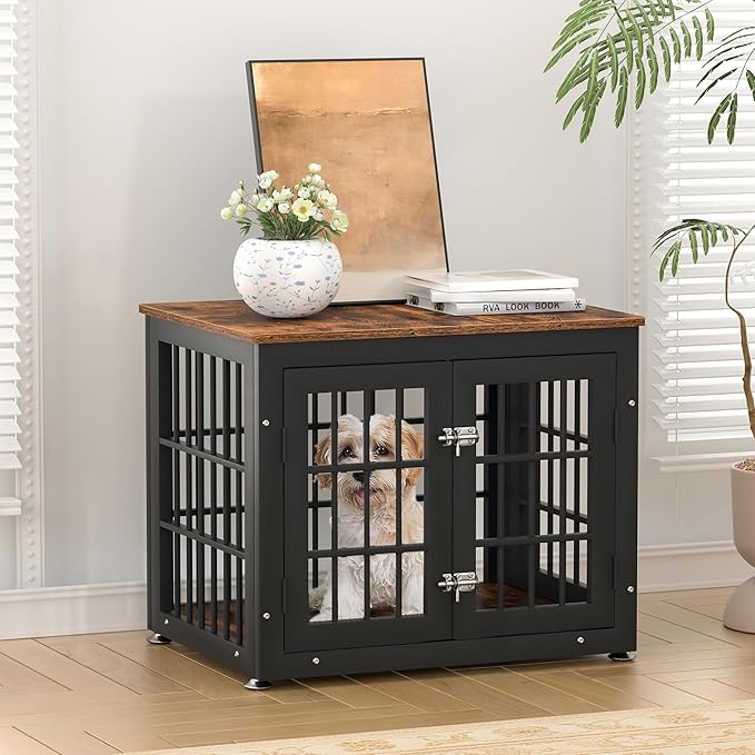 26 Inch Heavy Duty Dog Crate Furniture for Small Dogs, Decorative Pet House End Table, Wooden Cage Kennel Furniture Indoor, Rustic Brown-PawvioPets