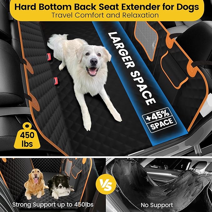 Back Seat Extender for Dogs - Holds 450lbs, Waterproof Dog Car Seat Cover for Back Seat with Hard Bottom for Cars SUVs Truck,Anti-Scratch No Slip Large Space Pet Backseat Protector,Black Orange-PawvioPets