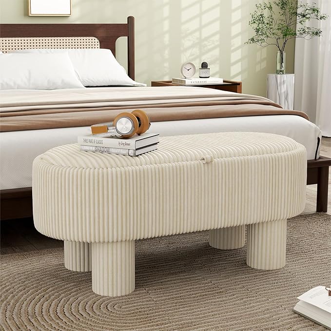 Corduroy Storage Ottoman Bench, 43" Upholstered Oval Footrest with Hidden Storage, Modern Design with Solid Wood Legs for Bedroom, Living Room, and Entryway Furniture, White-PawvioPets