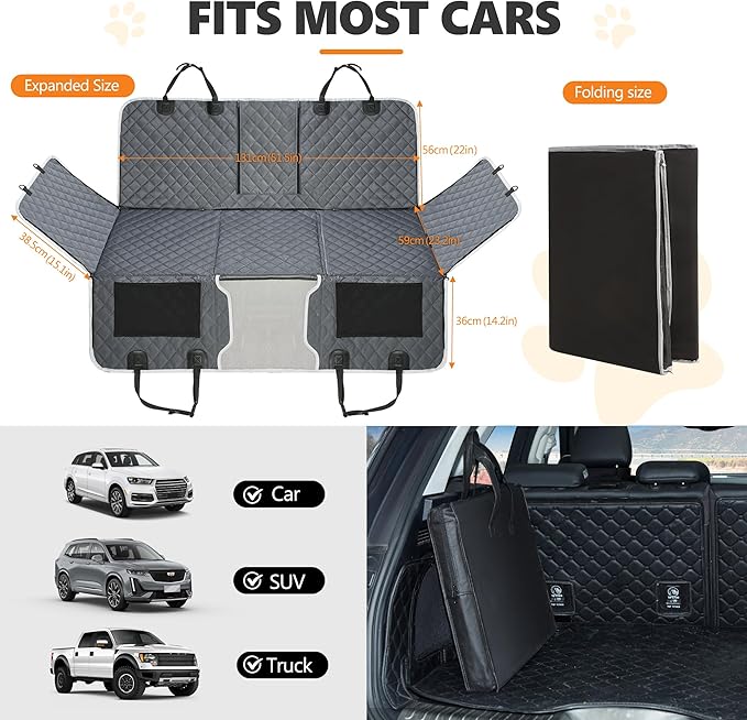 Back Seat Extender for Dog,Waterproof Hard Bottom Dog Car Seat Cover for Back Seat Protector,Foldable Camping Pet Hammock Bed,Easy Clean Travelling Accessories Car SUV Truck (Gray)-PawvioPets