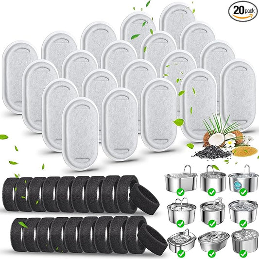 40 Pack Cat Water Fountain Filters-Cat Fountain Replacement Filters for Stainless Steel 108/3.2L& 67oz/2L Adjustable Water Flow Pet Water Fountain(20 Pack Pet Water Filter Refills+20 Pack Sponges)-PawvioPets