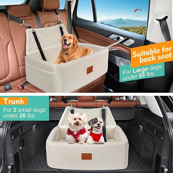 Dog Car Seat for Large Medium Dogs,Washable Pet Carseat Under 55 lbs or 2 Small Dogs,Dog Booster Seat Travel Bed with Thick Cushion,2 Safety Leashes-PawvioPets