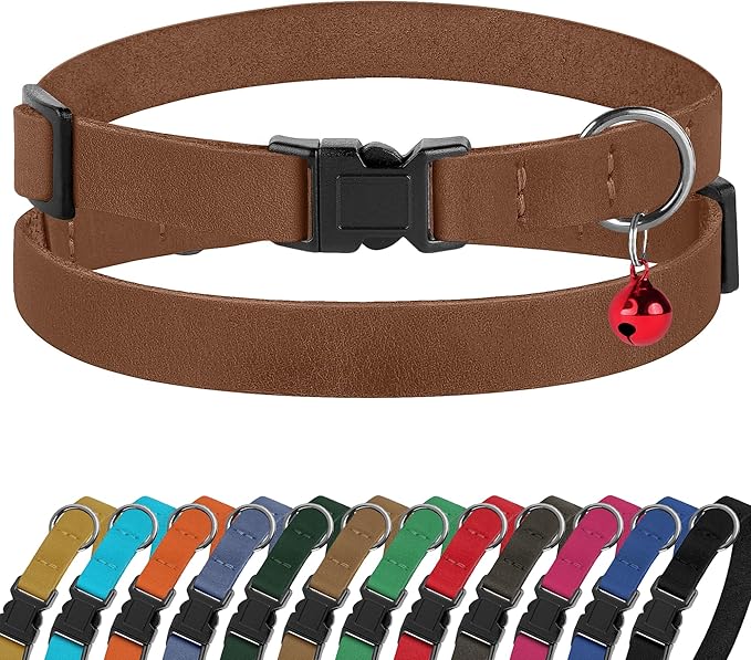 Breakaway Cat Collar Leather with Removable Bell - 13 Colors Available - Soft Adjustable Girl Boy Safety Lightweight Pet Kitten Collars Pink Brown Blue Green Red Orange Black (Cognac)-PawvioPets