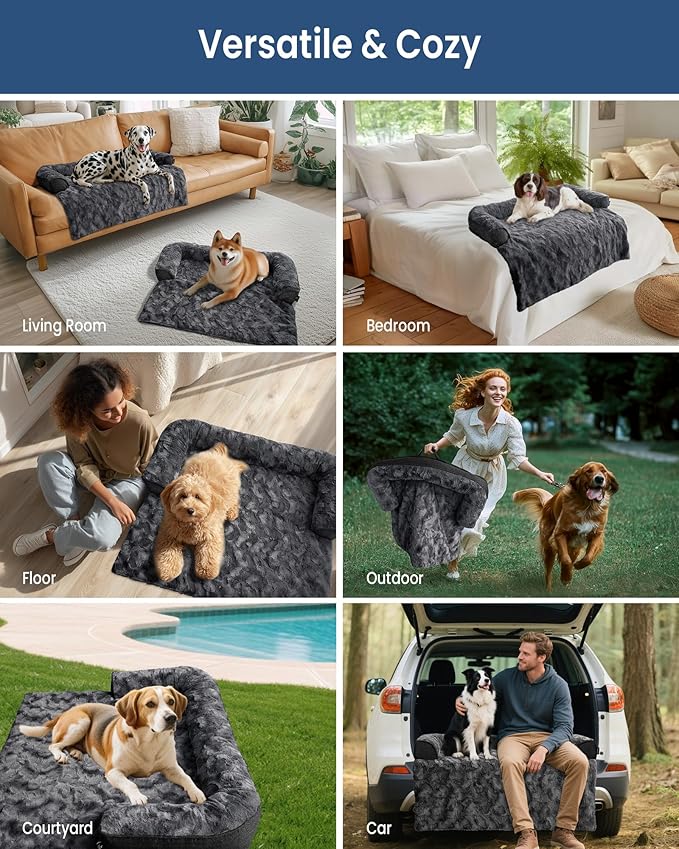 Calming Medium Dog Bed for Couch, 35 x 31 inch Removable Couch Cover for Dogs Washable, Non-Slip Fluffy Plush Dog Sofa Mat for Furniture Protector - Dark Grey-PawvioPets